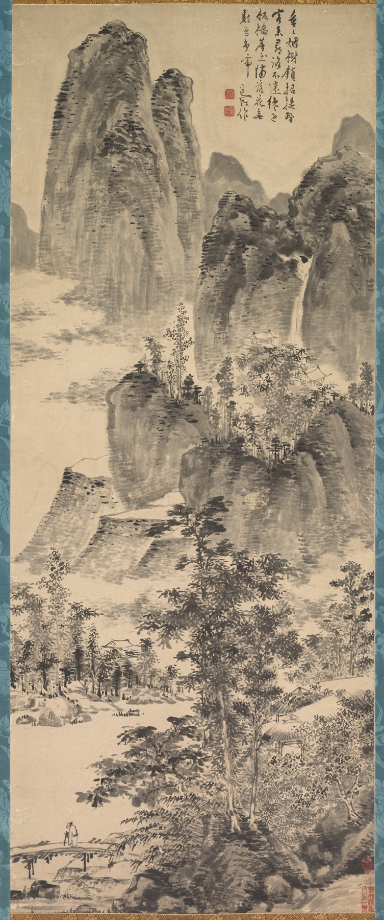 Landscape of misty mountains and a monastery by Chen Chun, Chinese Traditional