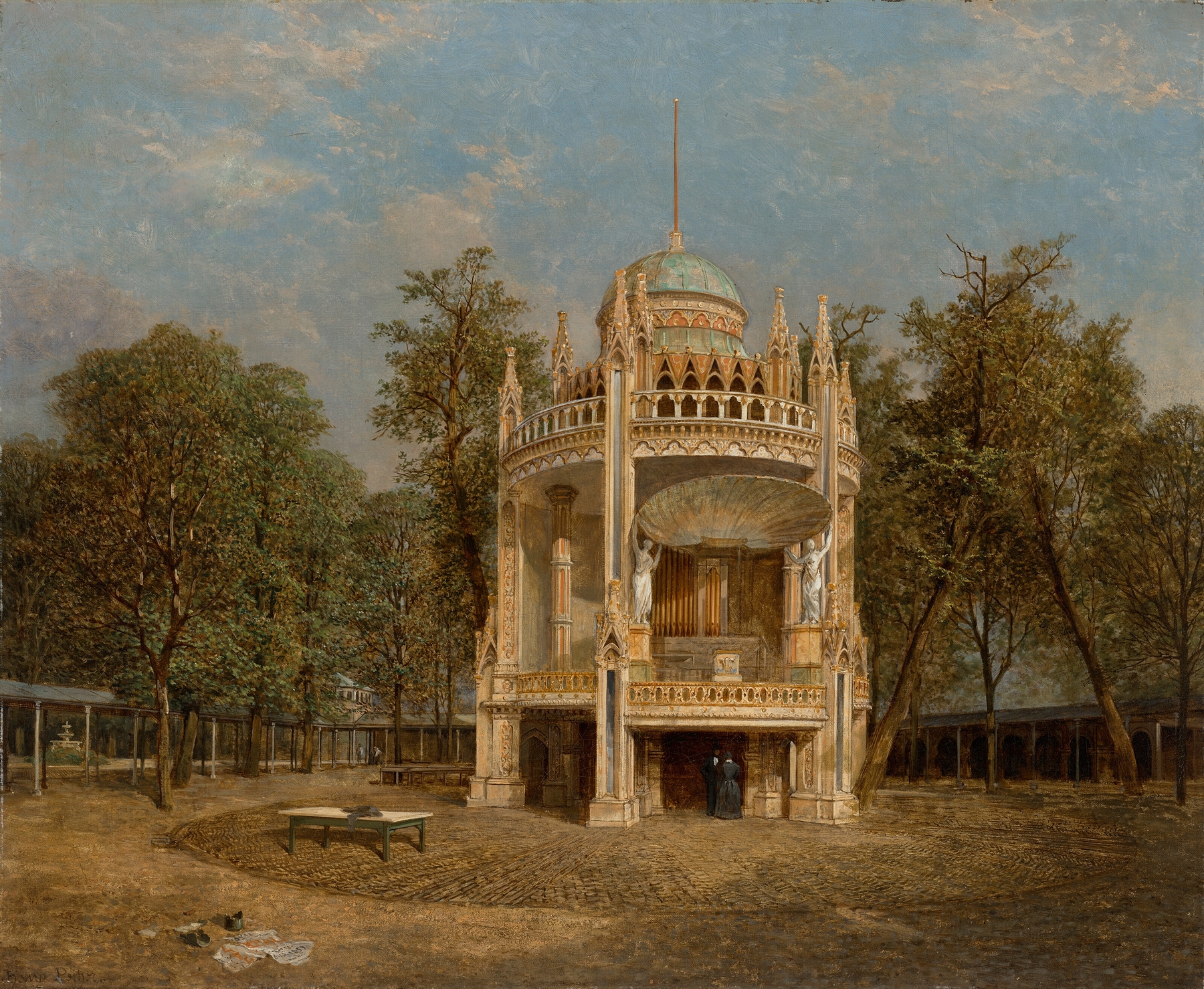 Genre scene with a bandstand and figures in a garden, oil painting by Henry Pether
