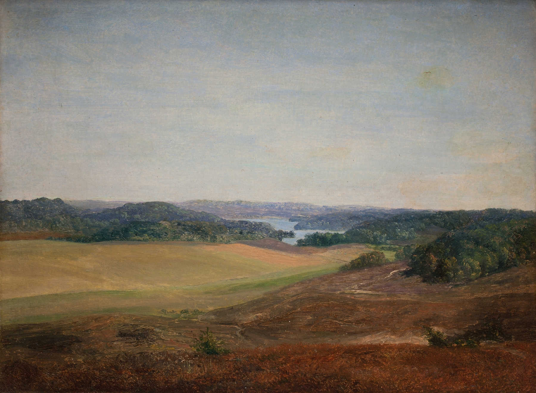 Landscape near Silkeborg, Jutland by Dankvart Dreyer, oil painting depicting rolling hills and misty forest.