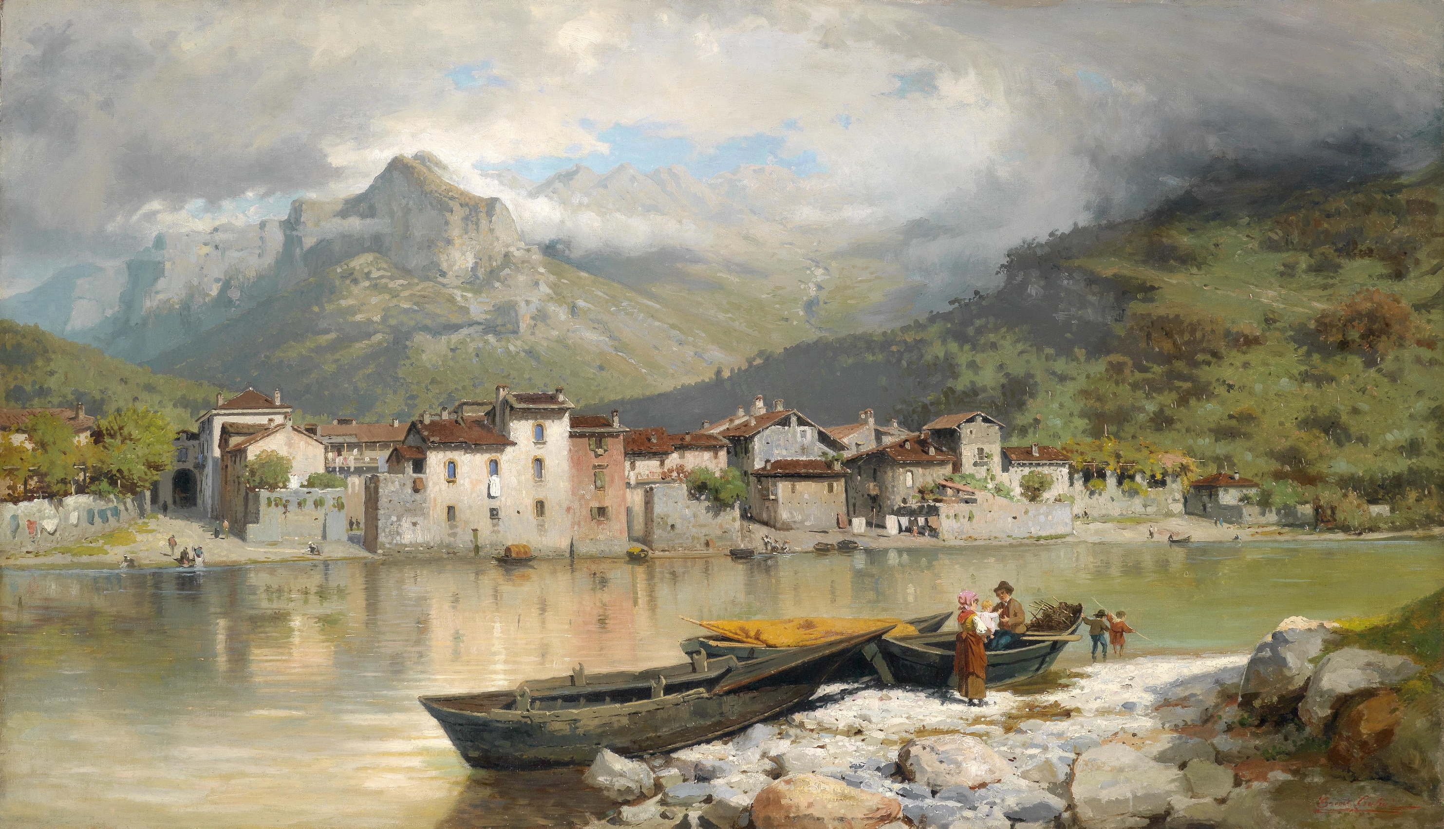 Oil on canvas by Ercole Calvi depicting a fishing boat on Lake Como