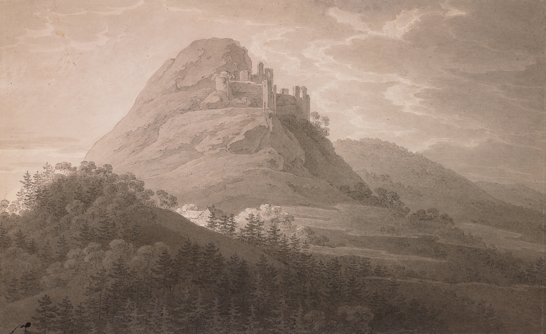 Landscape showing hills and clouds by Adrian Zingg, c. 1802