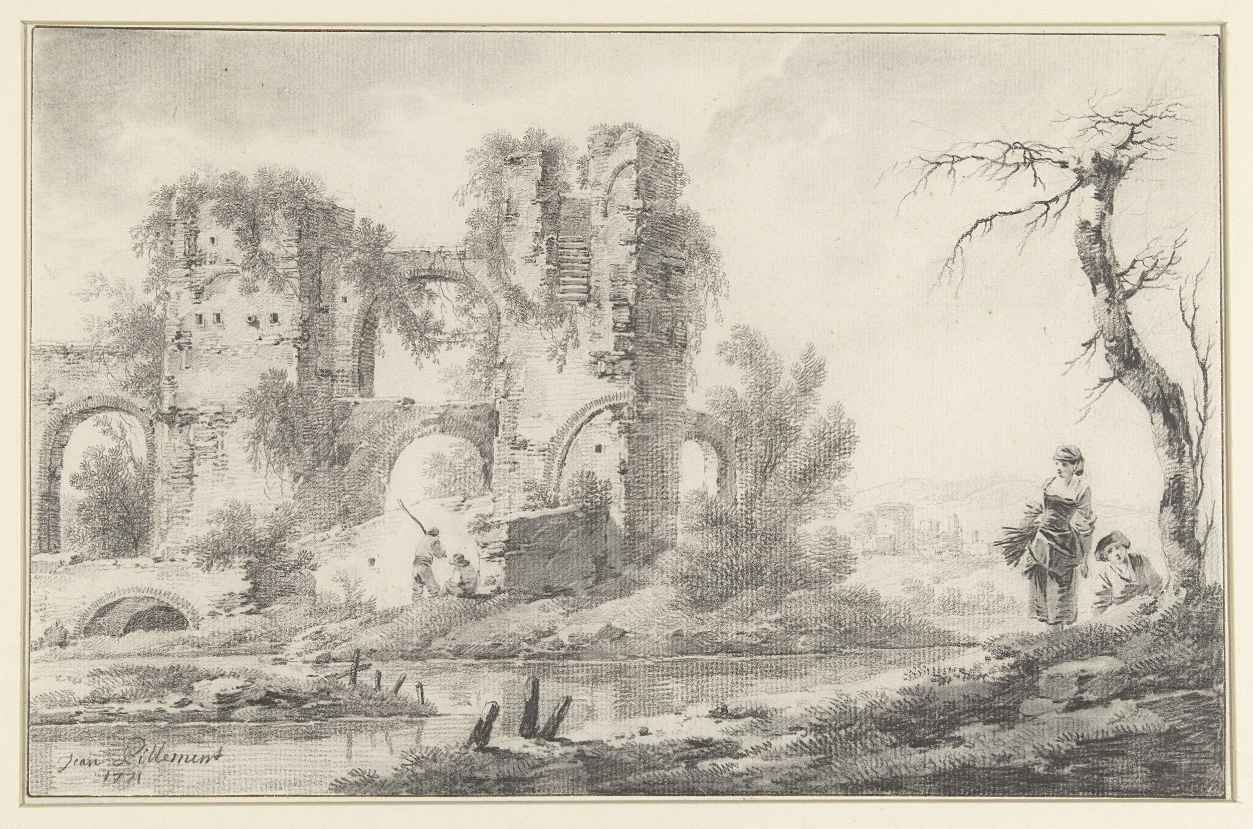 Oil painting by Jean Baptiste Pillement depicting ruins by a river with children.