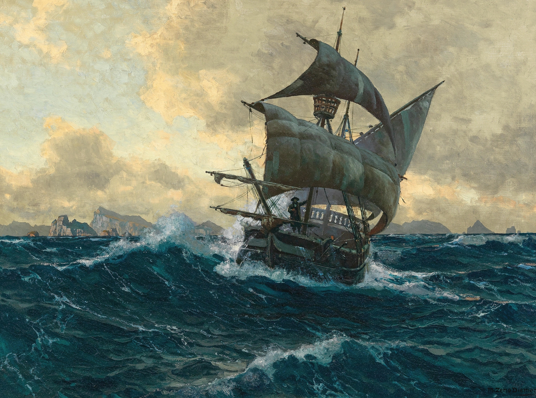 Oil on canvas by Michael Zeno Diemer depicting a ship in a misty ocean