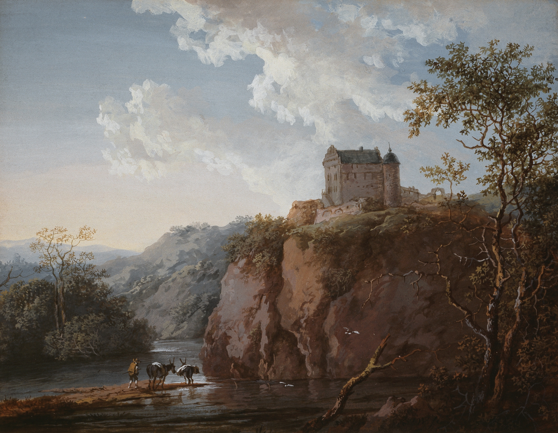 Burg auf einem Felsen über einem Flußtal by Johann Georg Wagner, oil painting depicting a castle and river.