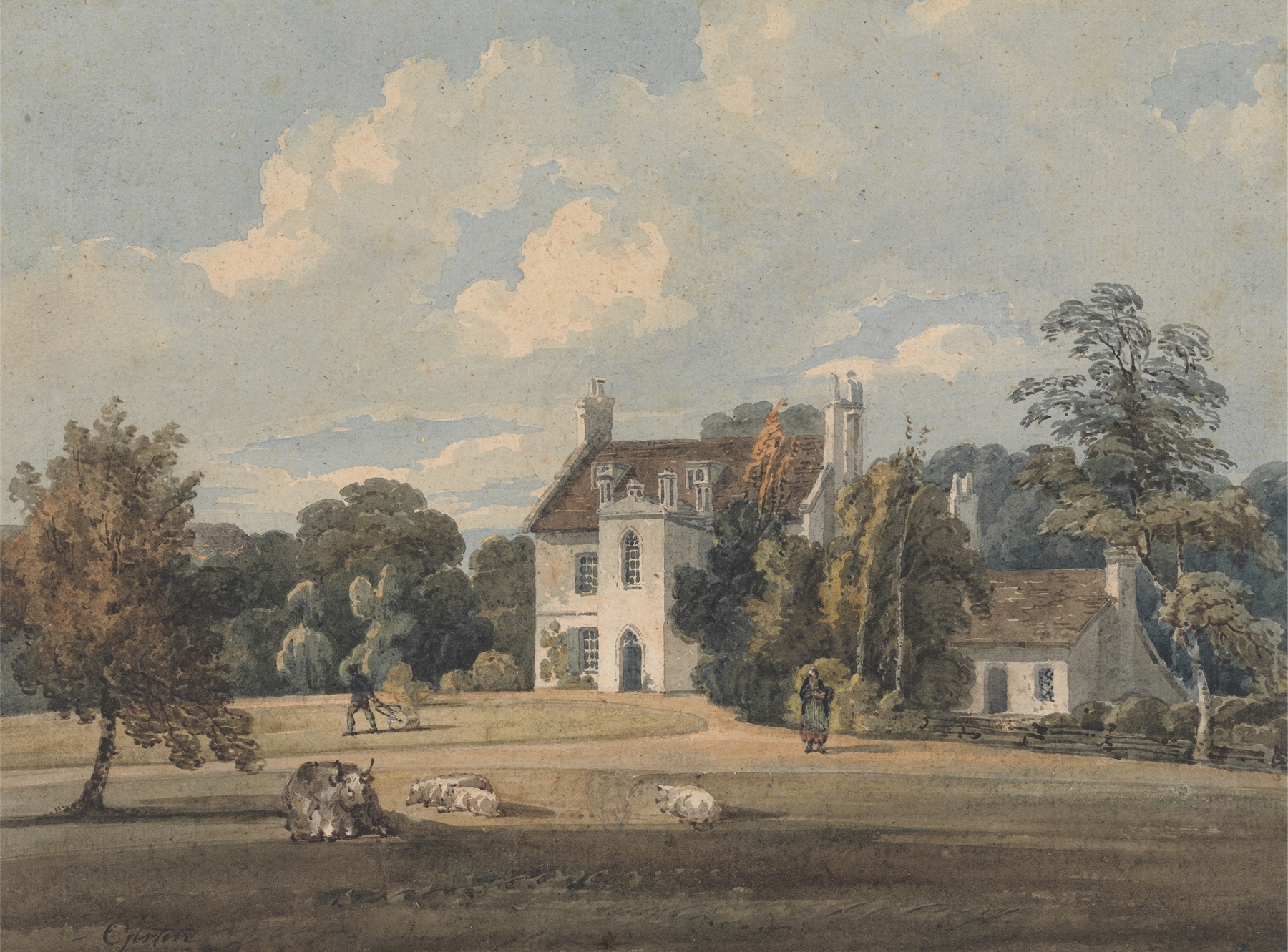 Chalfont Lodge, an architecture by Thomas Girtin, showcasing a serene lodge surrounded by greenery.