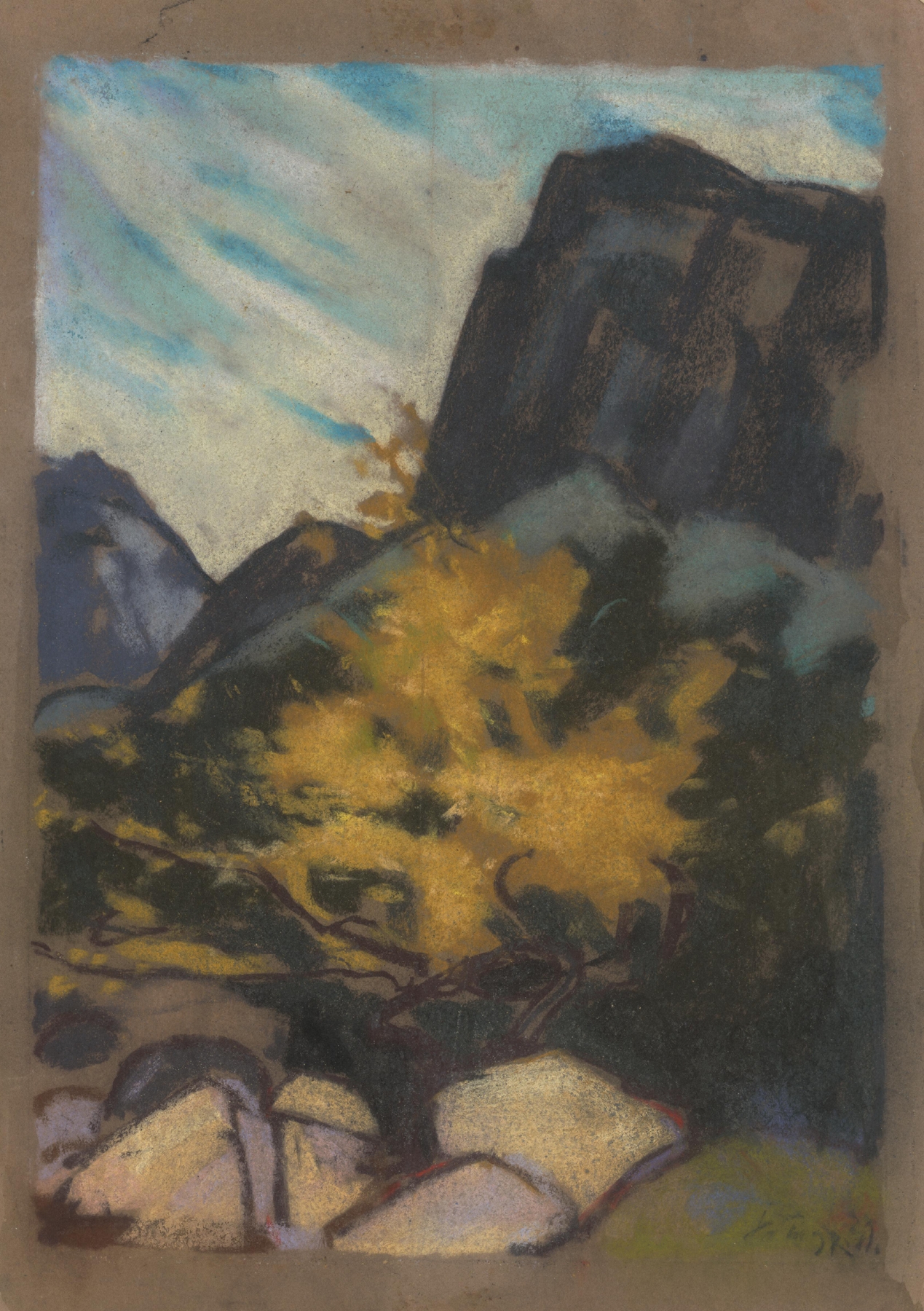 Rocky landscape with a yellow tree, oil on canvas by Zolo Palugyay