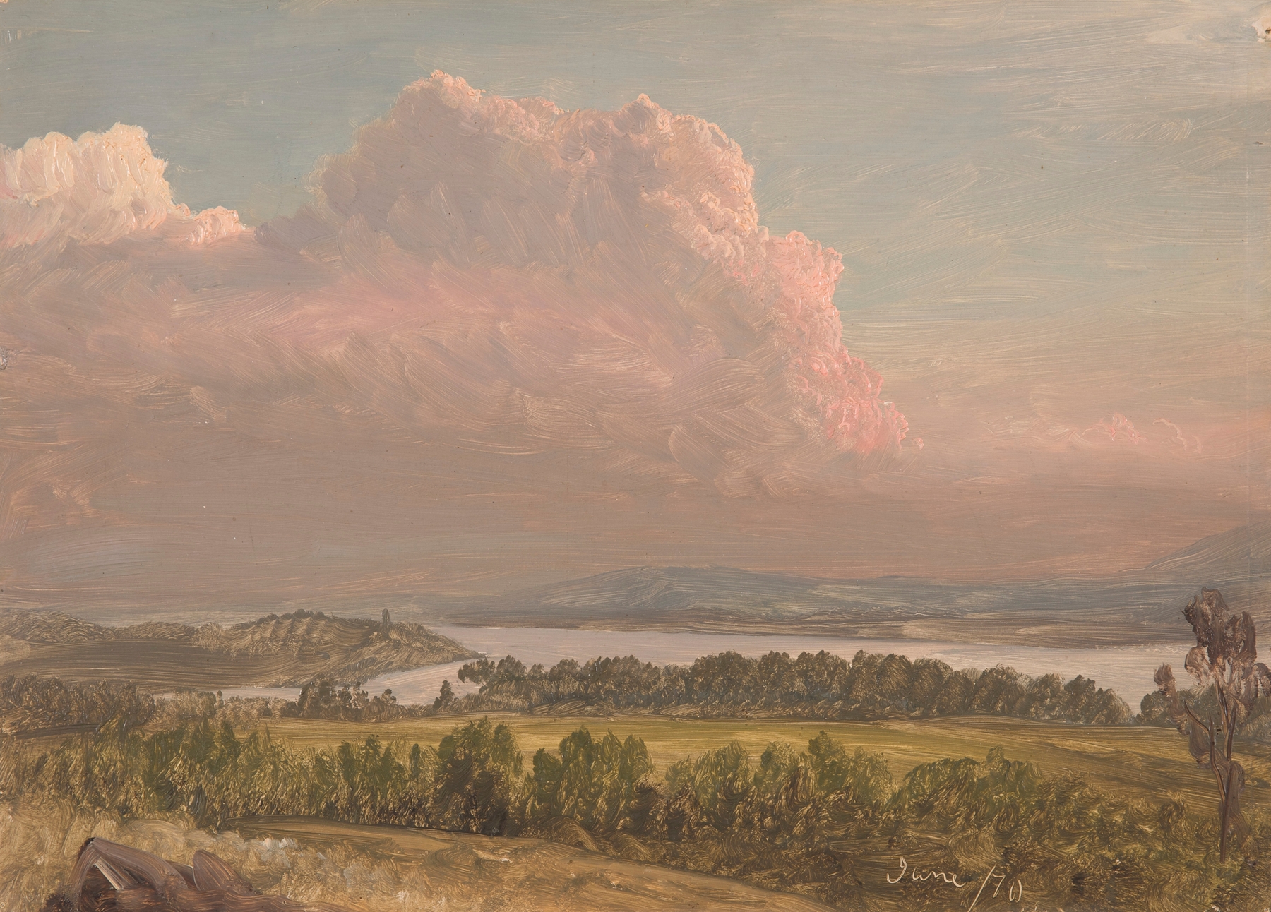Sunset across the Hudson Valley by Frederic Edwin Church, oil painting depicting a vibrant sunset over a valley