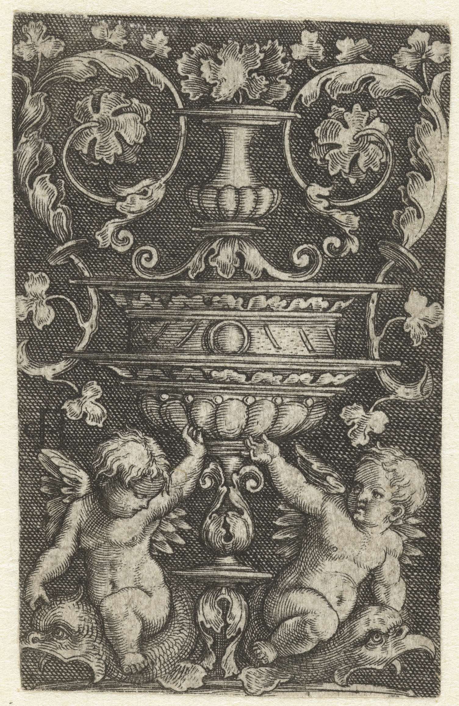 Engraving by Jacob Binck featuring two putti on dolphins beneath a decorative vase