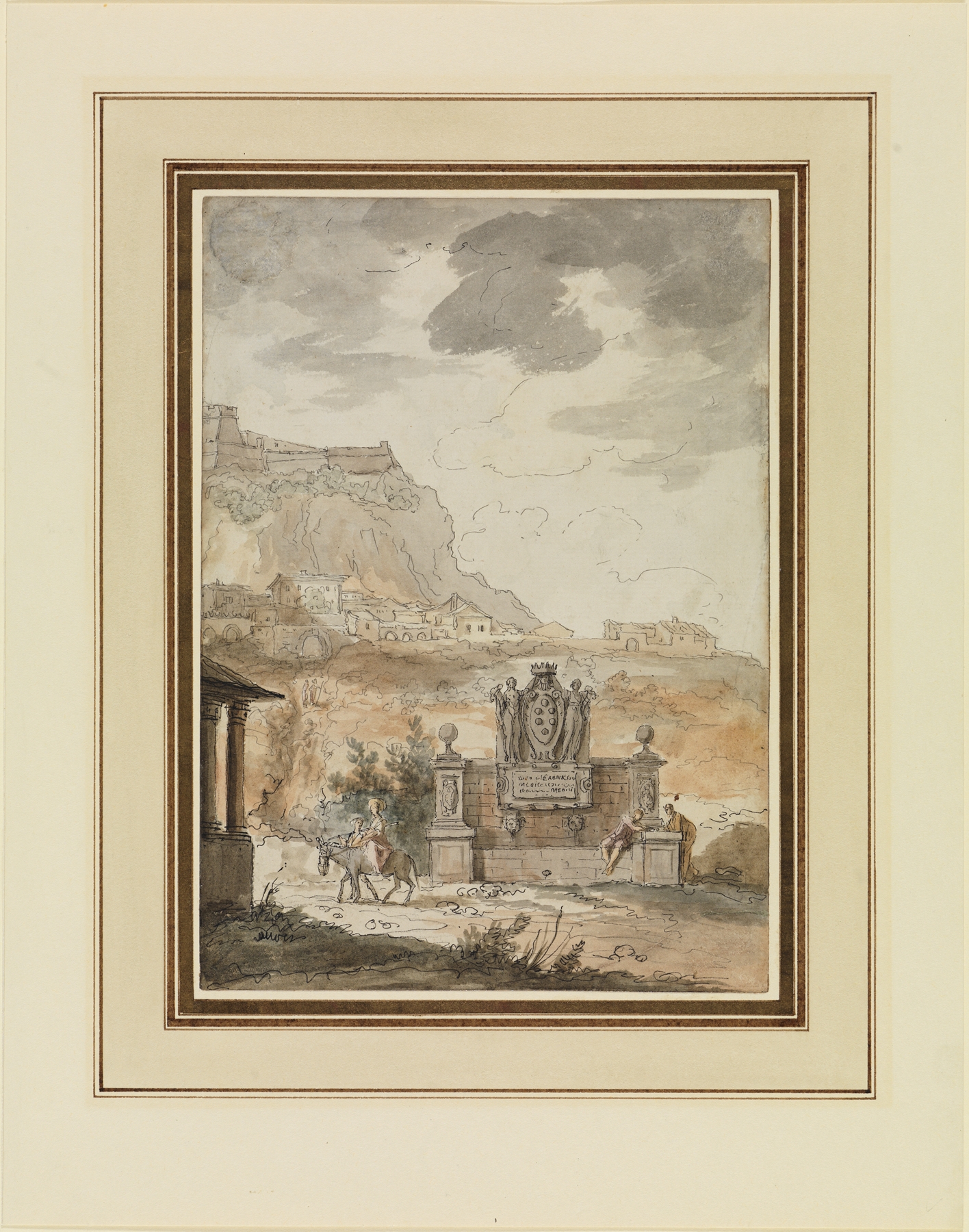 Oil painting by Claude-Louis Châtelet depicting a fountain surrounded by lush greenery.