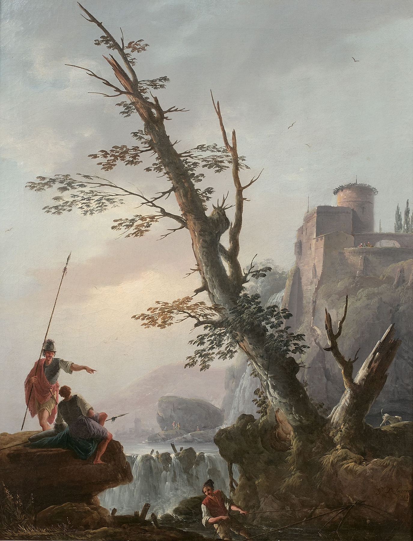 Landscape with soldiers and a waterfall, oil on canvas by Charles François Daubigny.