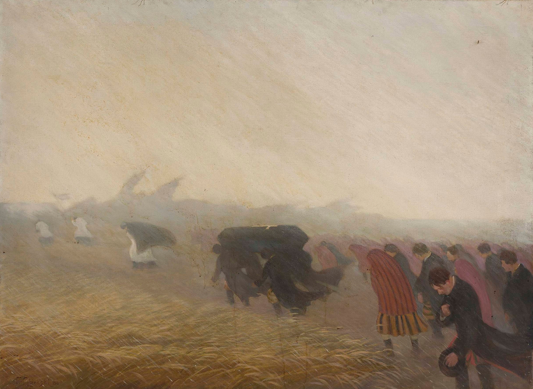 Funeral by Franciszek Łubieński, depicting sorrowful figures in muted colors, oil painting