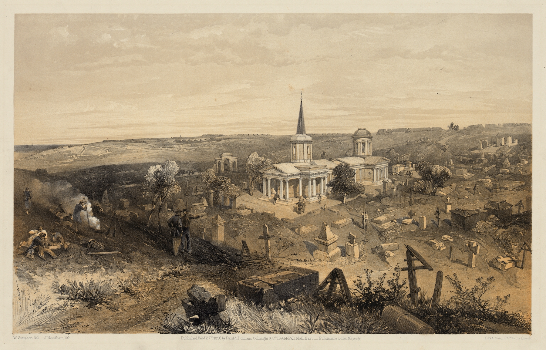 Quarantine cemetery and church with French battery no. 50, ink on paper by William Simpson