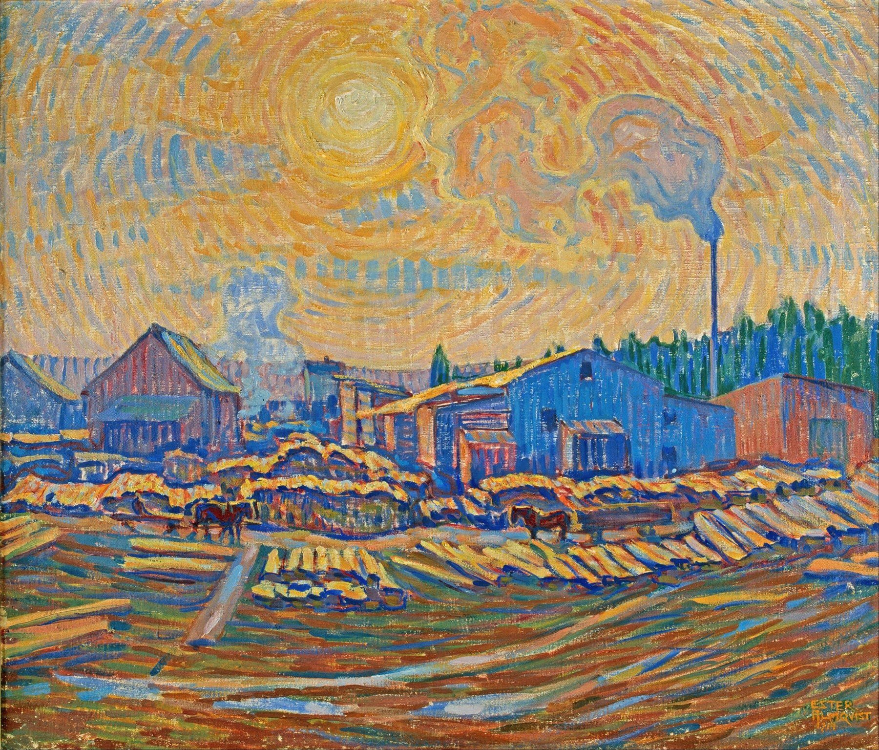 The Sawmill by Ester Almqvist, depicting a saw and sunlight, realism style