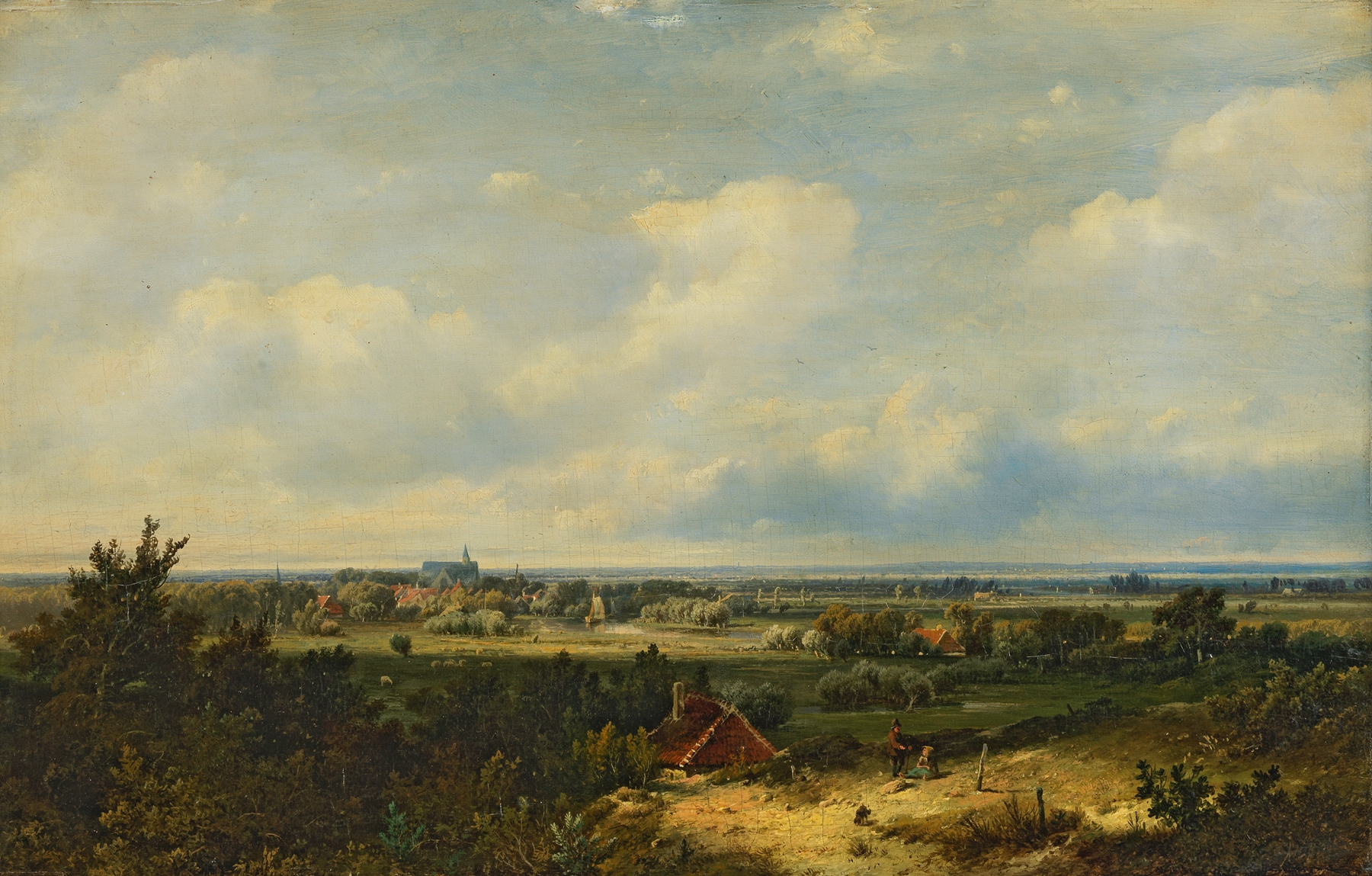 Extensive landscape with a church in the distance, oil painting by Pieter Lodewijk Francisco Kluyver