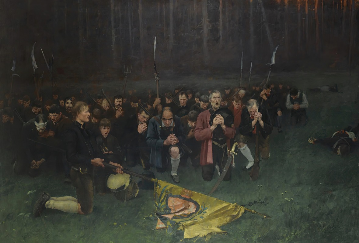 A painting depicting a solemn moment of prayer after a battle.