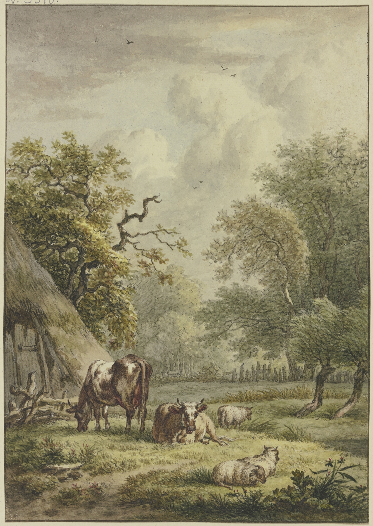 Bei einer Hütte weiden zwei Kühe und drei Schafe, by Jan Hulswit, public domain