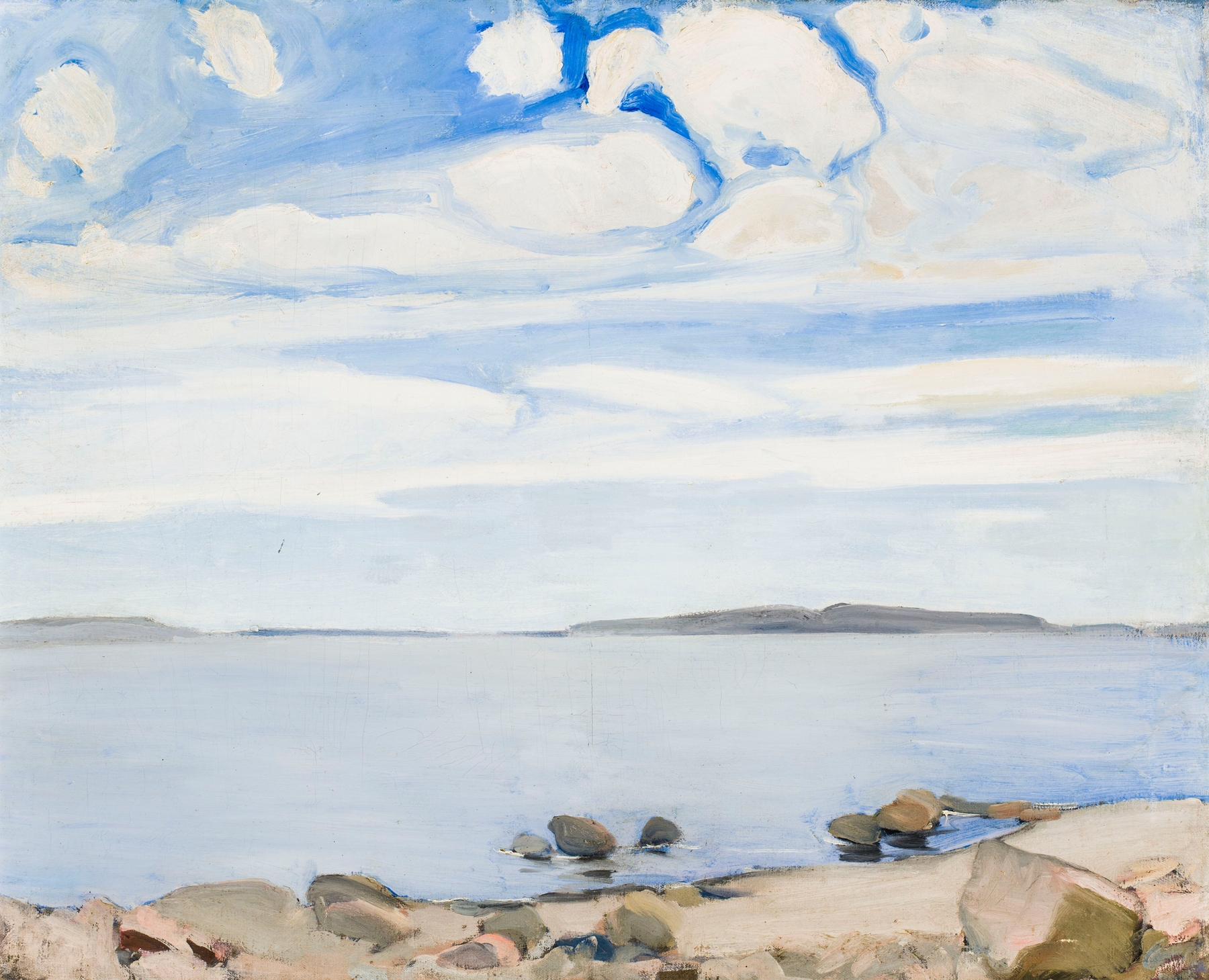 Landscape in Finland by Konrad Krzyżanowski, oil painting depicting a serene forest and sky.