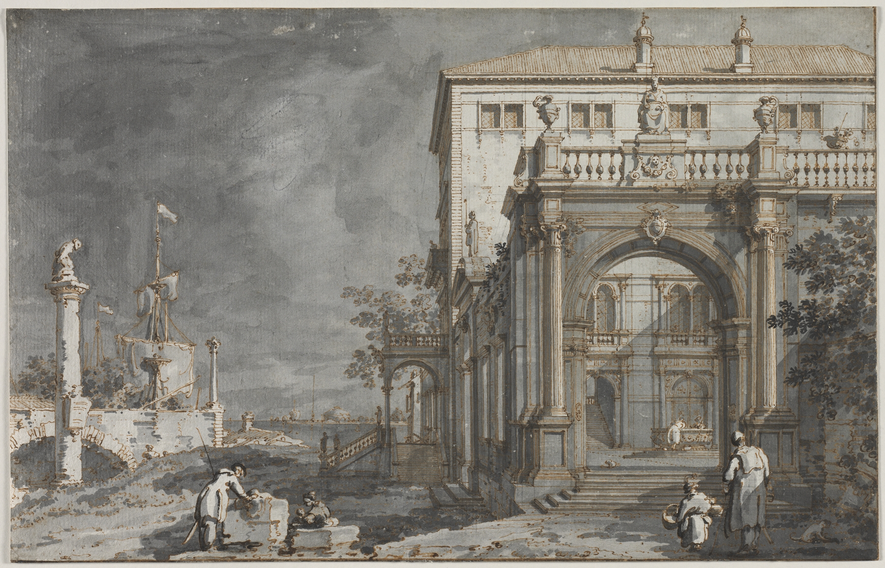 Capriccio; A Palace with a Courtyard by the Lagoon, oil on canvas by Canaletto
