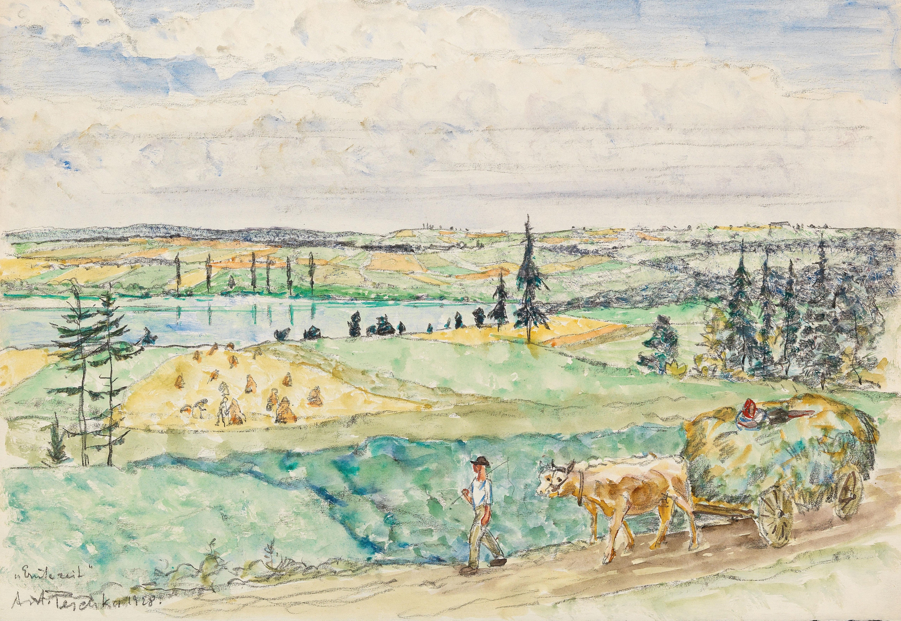 Landscape depicting harvest in earth tones, oil painting by Anton Emanuel Peschka