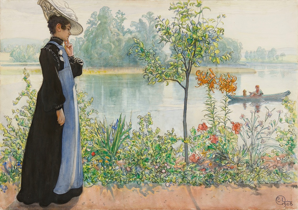 A serene depiction of a woman by the shore, showcasing the beauty of nature.