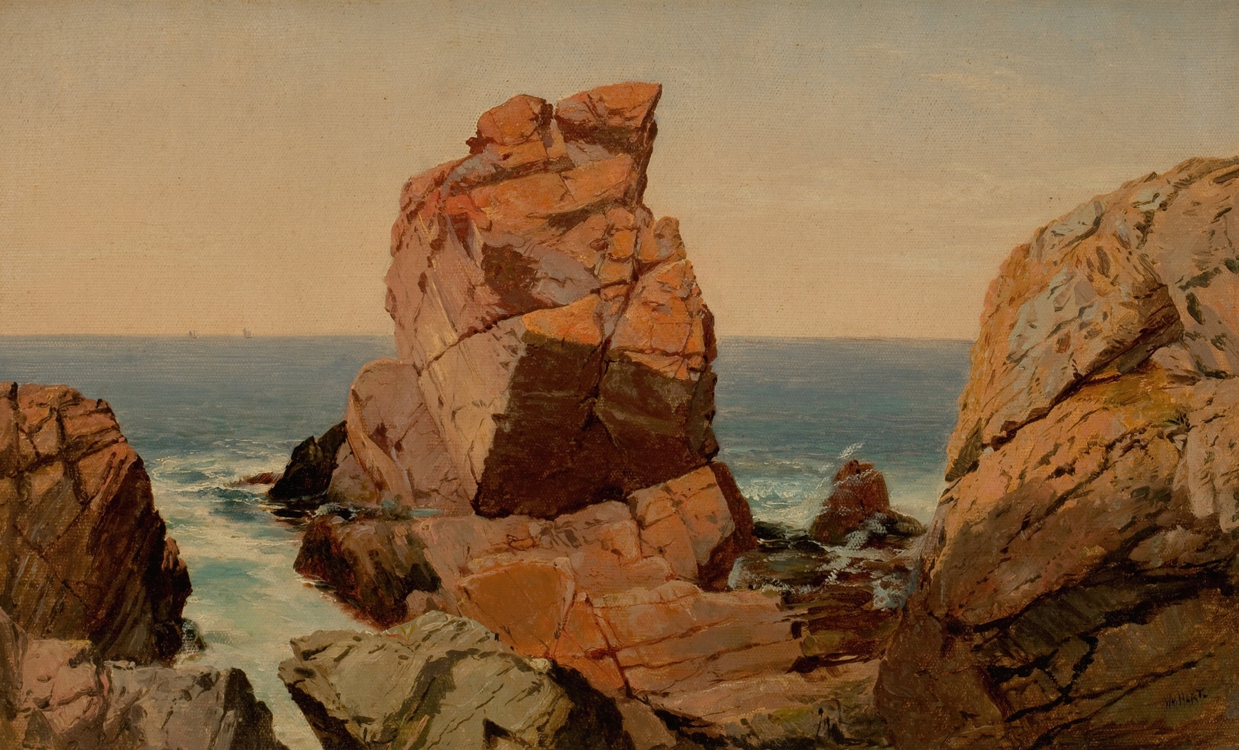 Rocks on the Shore by William M. Hart, oil painting depicting jagged rocks and crashing waves