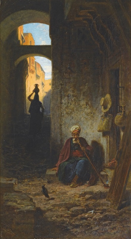 Carl Spitzweg's 'Out Of The Orient' depicts a whimsical scene of an exotic traveler.