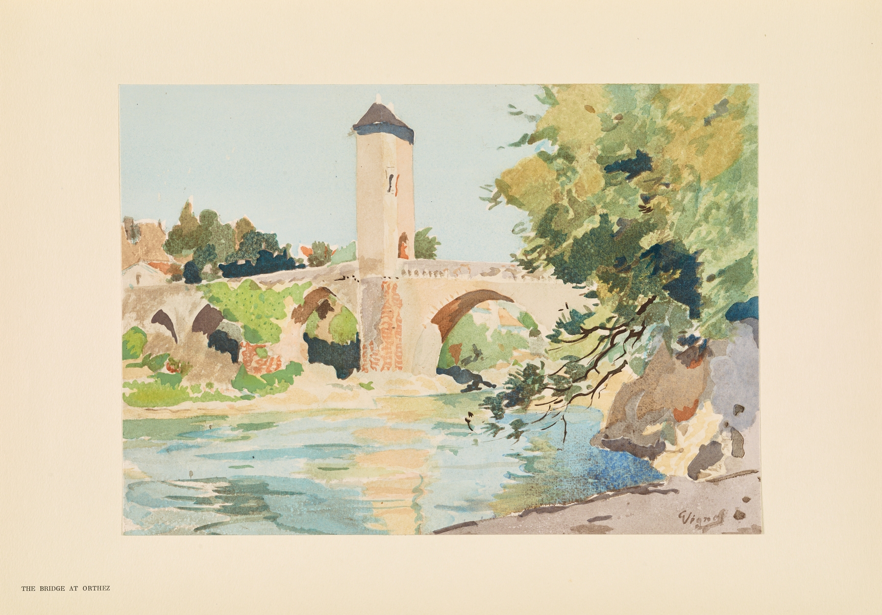 The bridge at Orthez by Pierre Vignal, an impressionist landscape painting depicting a river and bridge.