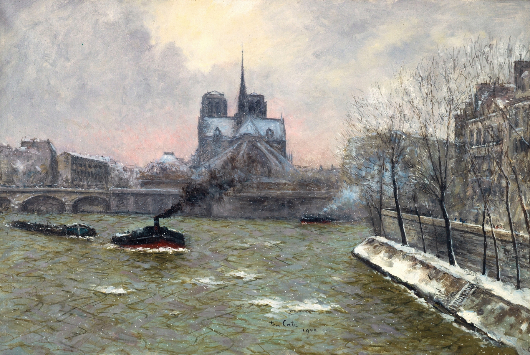 Le chevet de Notre-Dame, vu du pont de la Tournelle, effet de neige, oil on canvas by Siebe Johannes Ten Cate