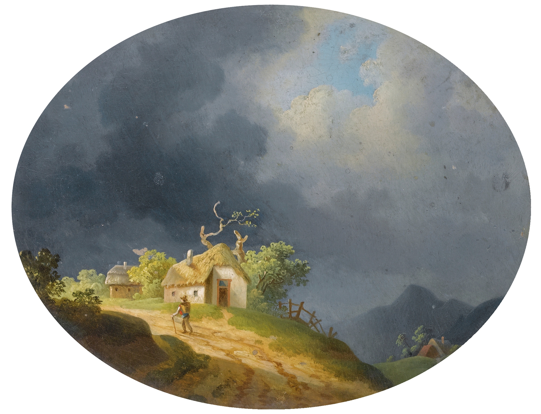 Stormy Landscape by Ignaz Raffalt, oil painting depicting a turbulent sky and jagged landscape.