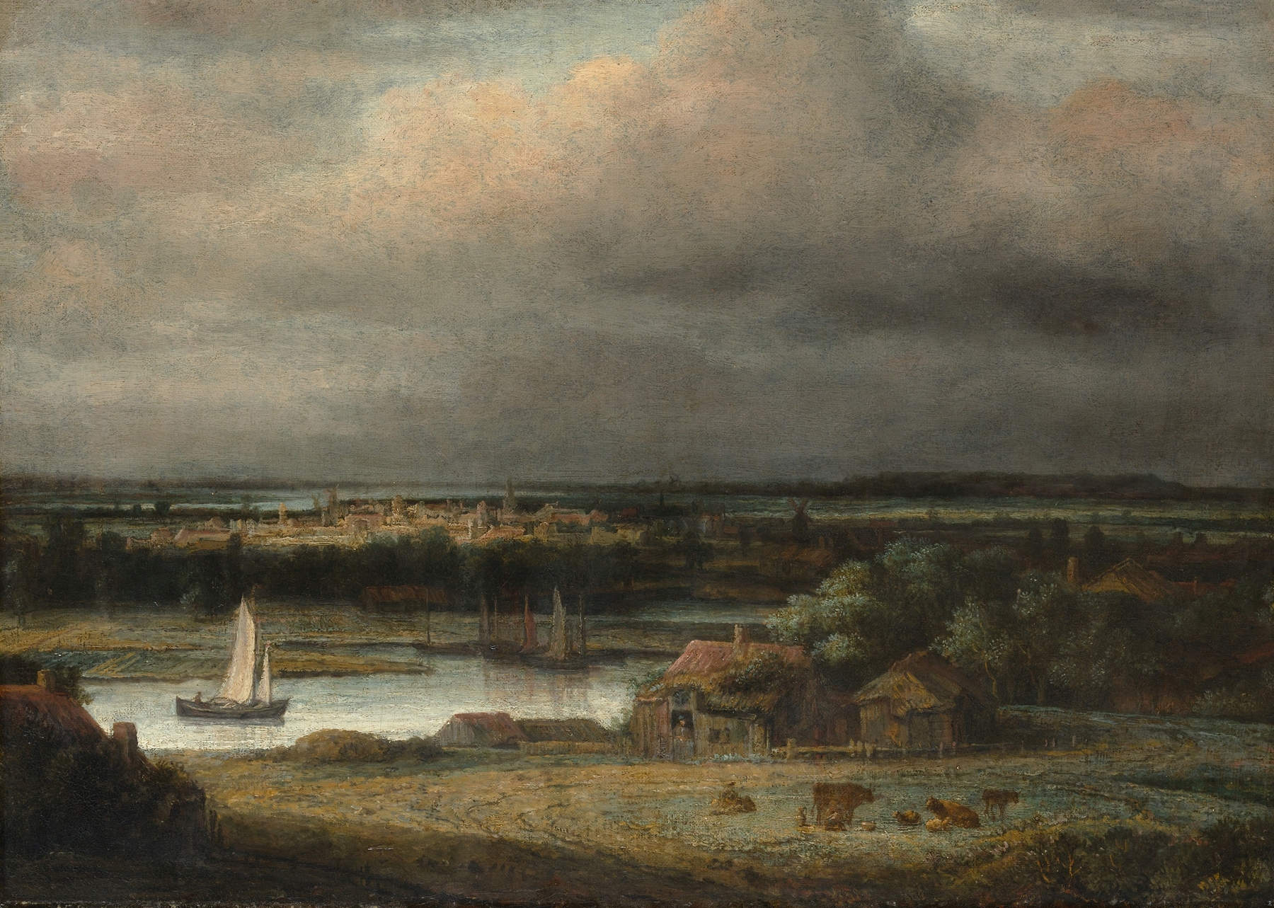 Wide River Landscape by Philips Koninck, oil on canvas depicting a tranquil river and drifting clouds.
