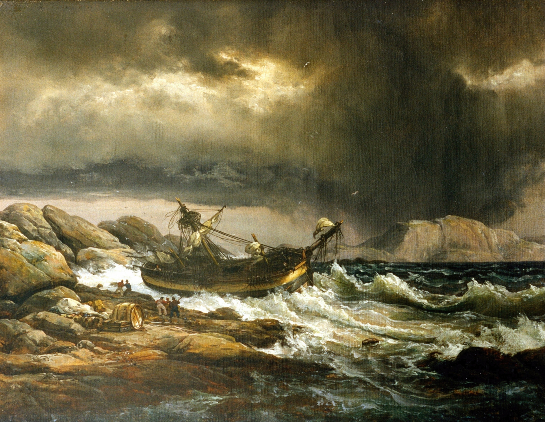 Shipwreck by Johan Christian Dahl, oil on canvas depicting a stormy sea and wrecked ship.