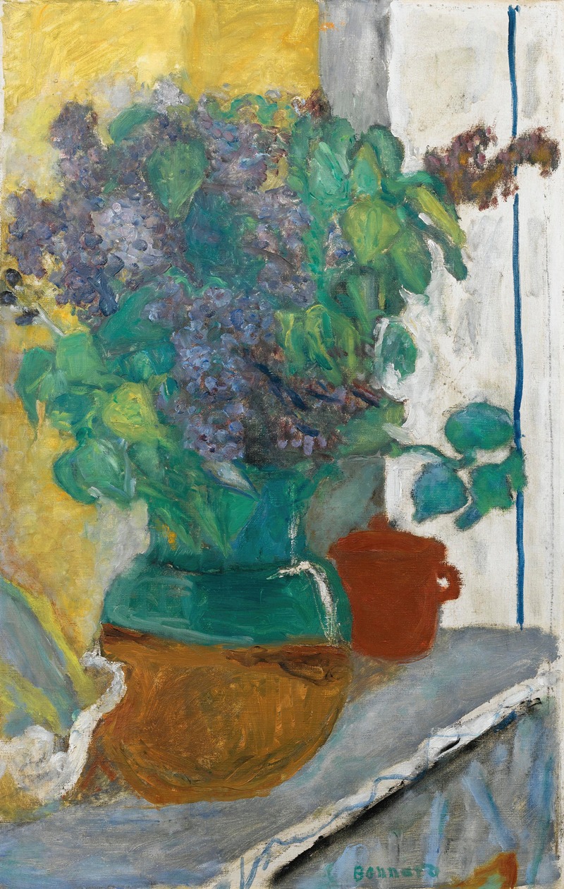 A still life painting featuring lilacs in a yellow and green vase.