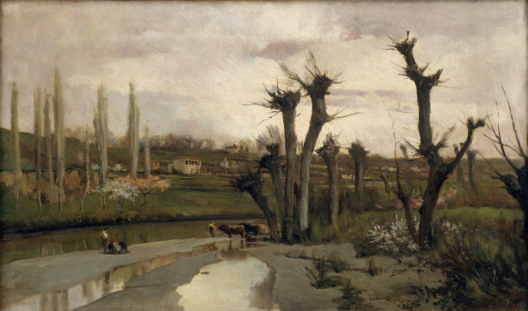 The Beginning of Spring by Joaquim Vayreda, oil on canvas depicting blossoms and a vibrant landscape.