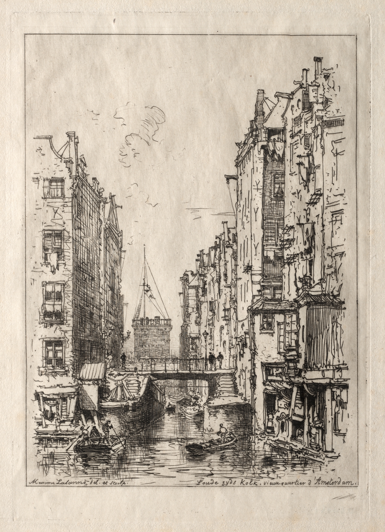 Canal scene in Old Quarter of Amsterdam, oil painting by Maxime Lalanne