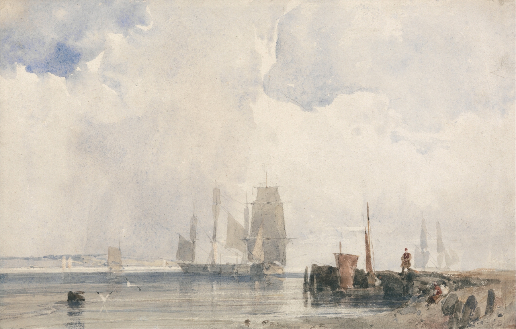 Shipping in an Estuary, Probably near Quilleboeuf, by Richard Parkes Bonington, public domain
