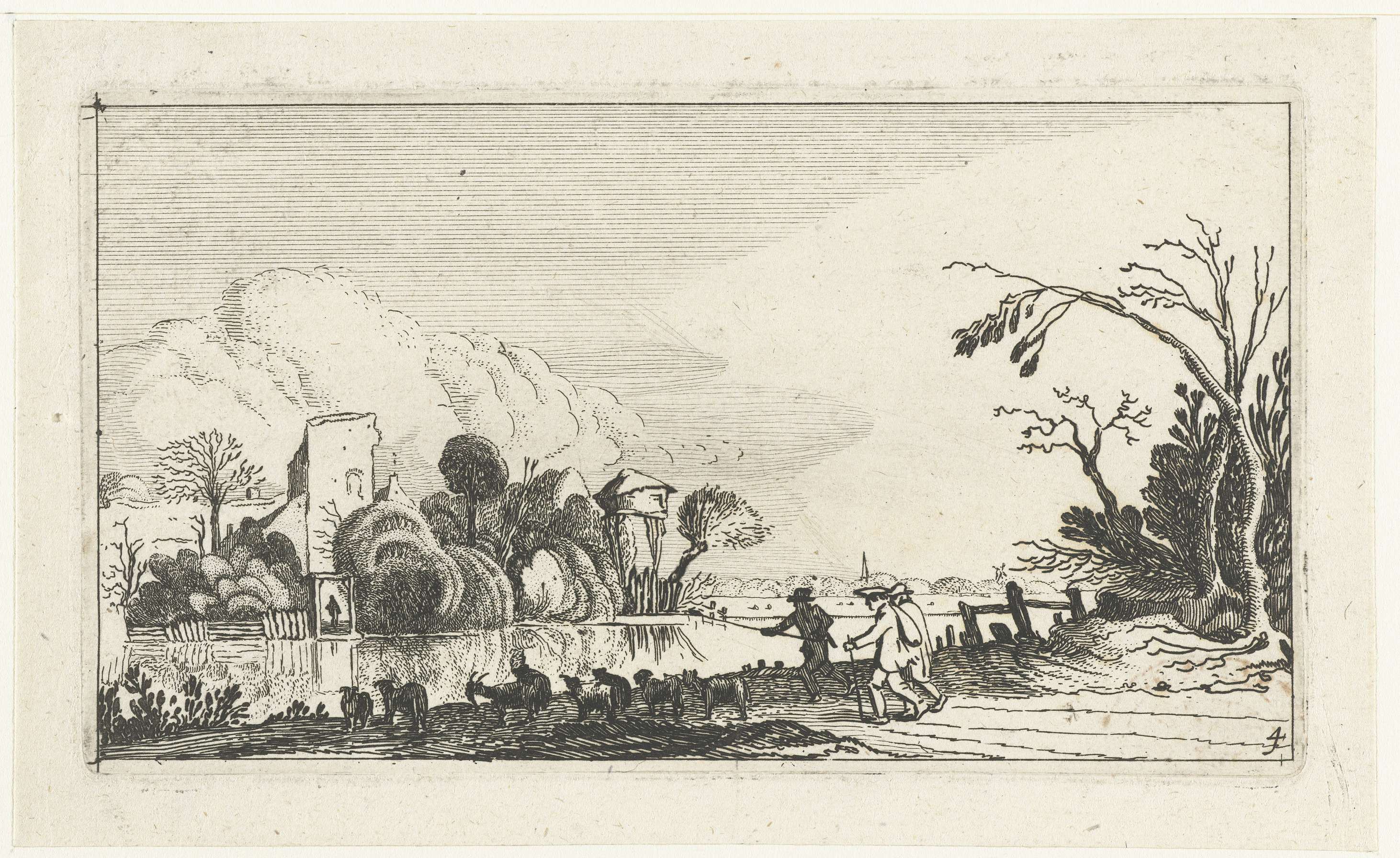 Herder with goats and sheep by a river, etching by unknown artist