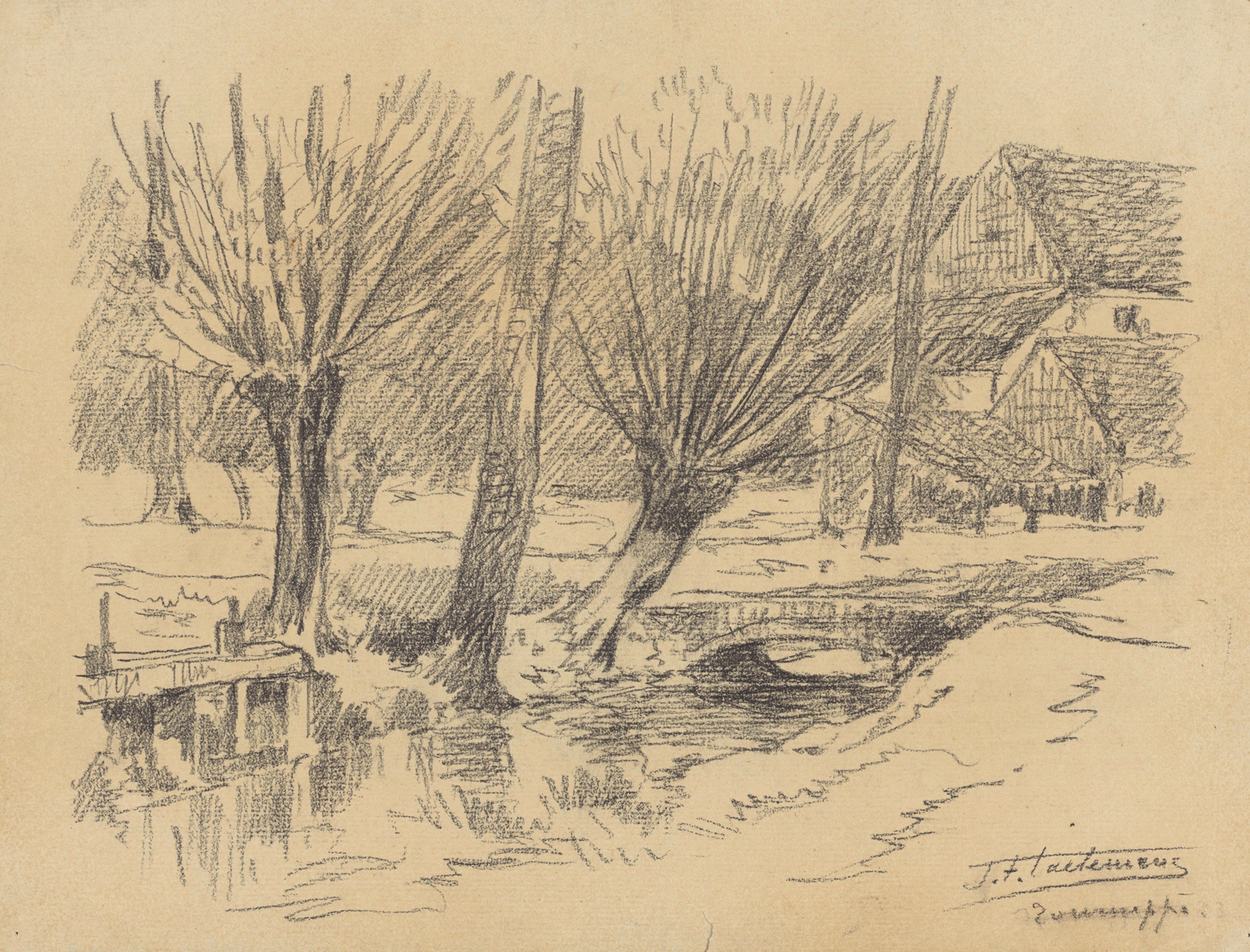 Landscape with willows and a canal by Jean-François Taelemans, oil painting