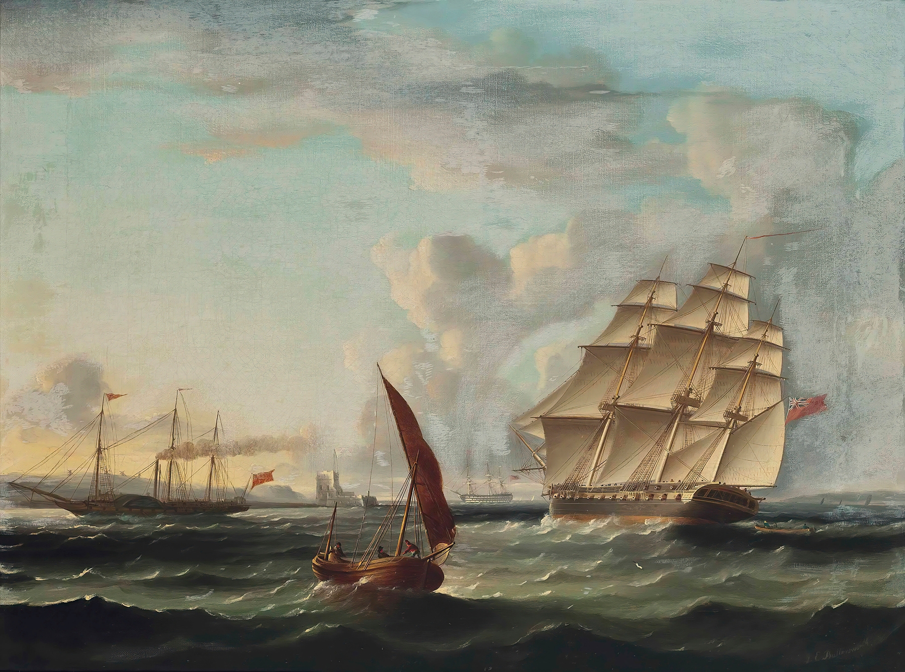 Frigate Approaching The Mouth Of The Tagus With A Paddle Steamer Passing The Belem Tower, Lisbon, by James Edward Buttersworth, public domain