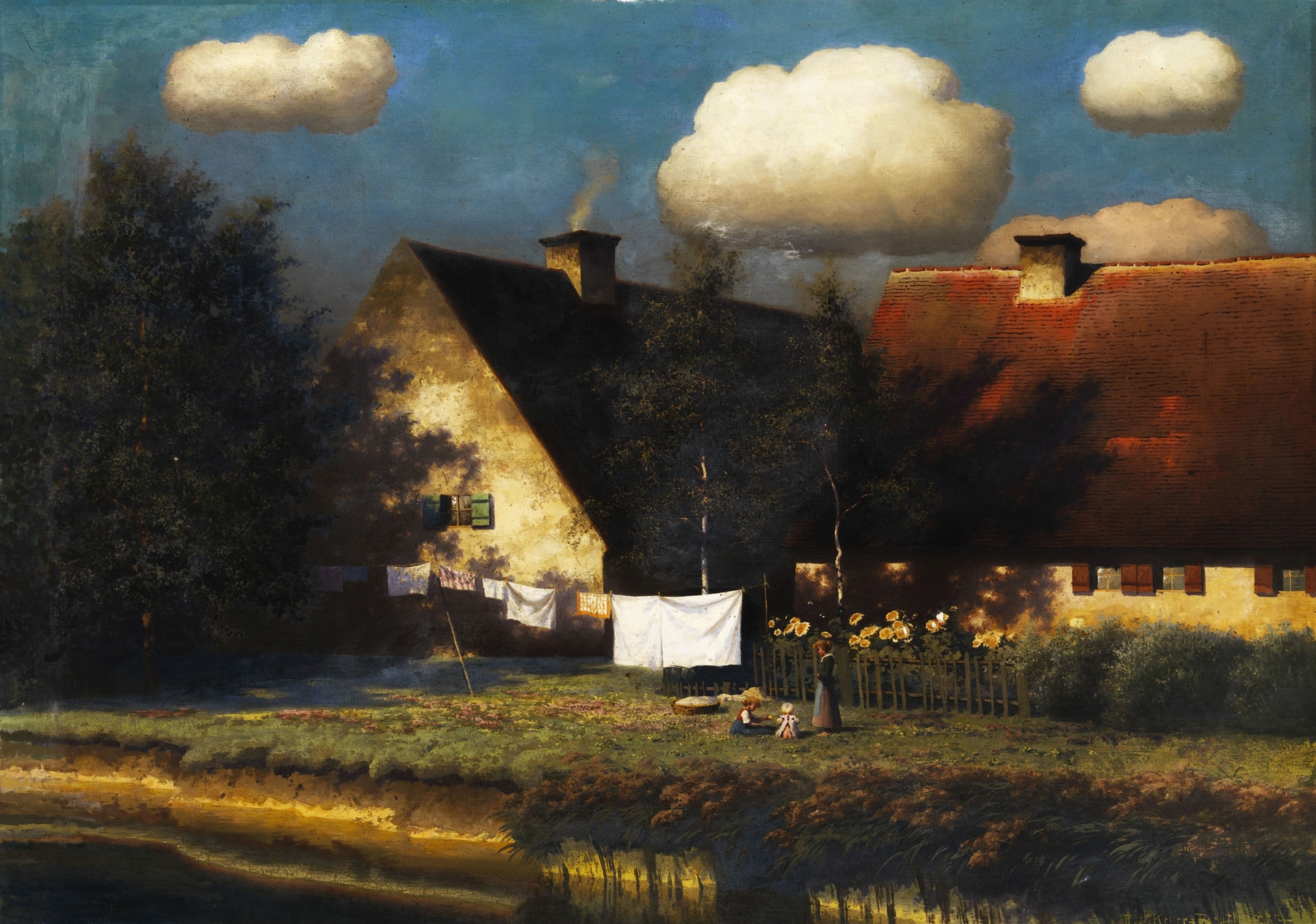 Landscape oil painting by Paul Wilhelm Keller-Reutlingen featuring a farmhouse under clouds and summer light.