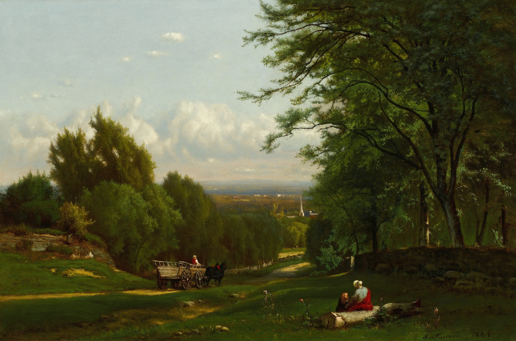 Near Leeds, New York by George Inness, oil painting depicting a serene river landscape
