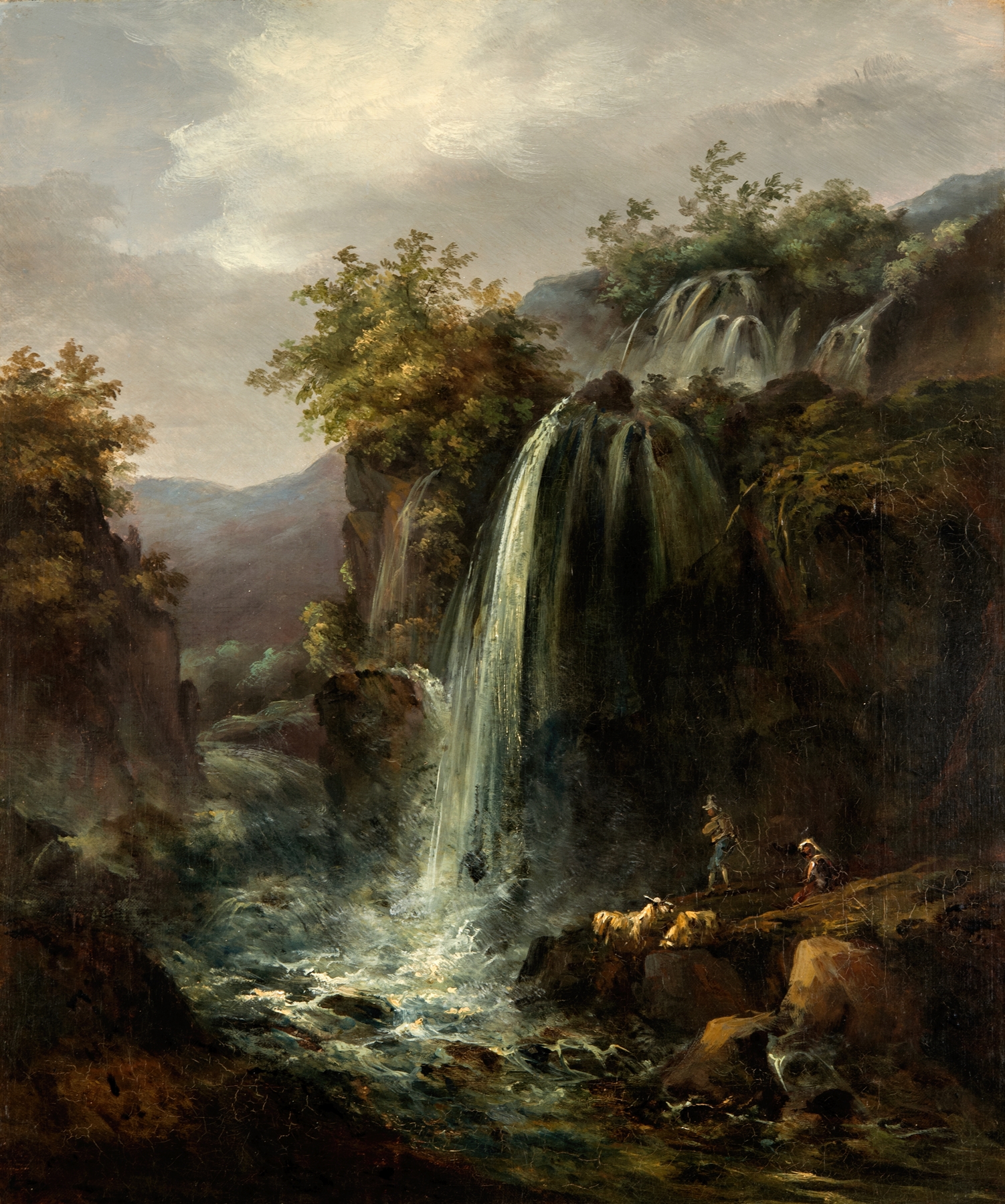 Waterfall oil painting by Carl Johan Fahlcrantz depicting cascading water and lush greenery