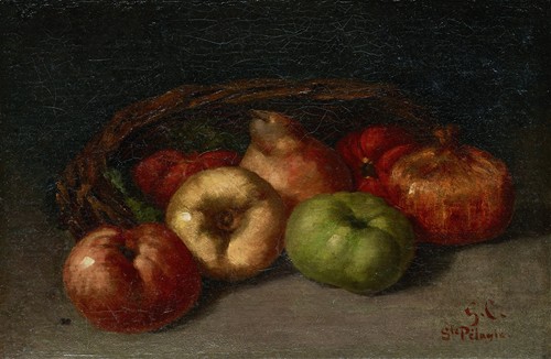 Gustave Courbet's still life painting features apples, pears, and pomegranates.
