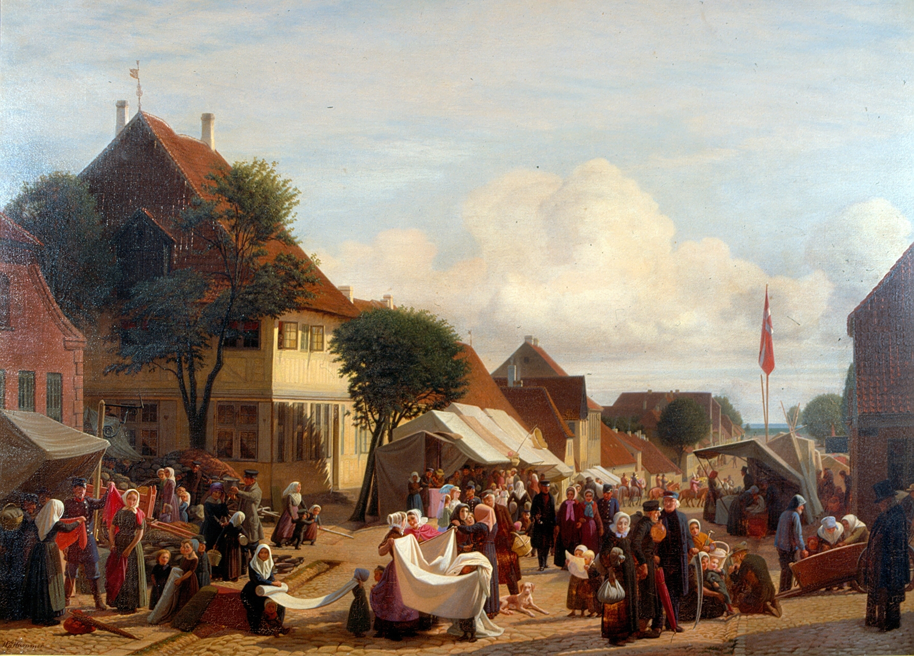 Genre scene depicting a market day with a woman and crowd, oil painting by Hans Jørgen Hammer