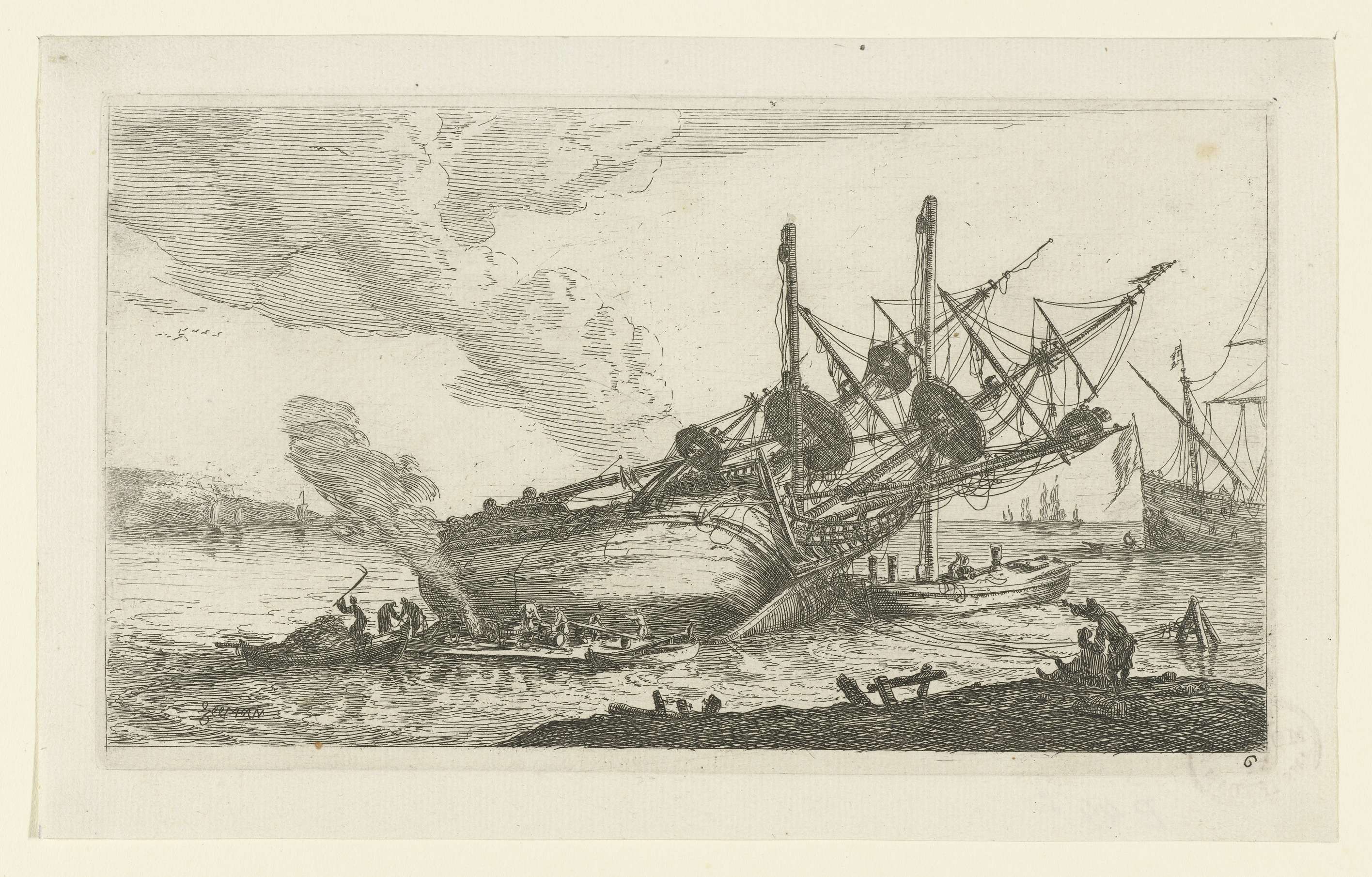 Reparaties aan de romp van een schip, by Reinier Nooms, public domain