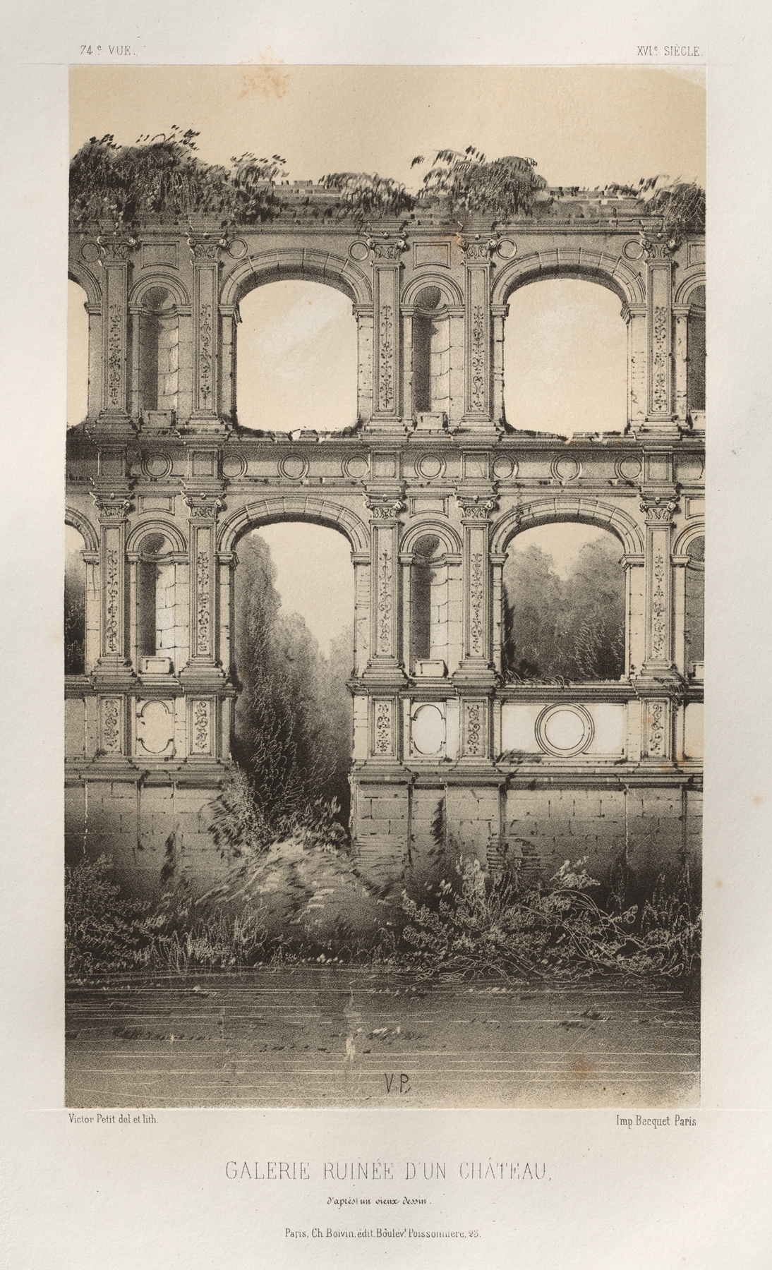 Landscape ink drawing by Victor Petit depicting a decaying château with ivy.