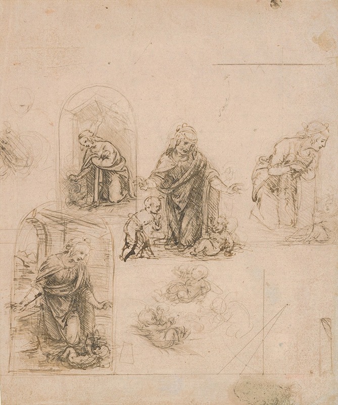 This artwork features sketches of the Virgin and Christ Child with intricate details.