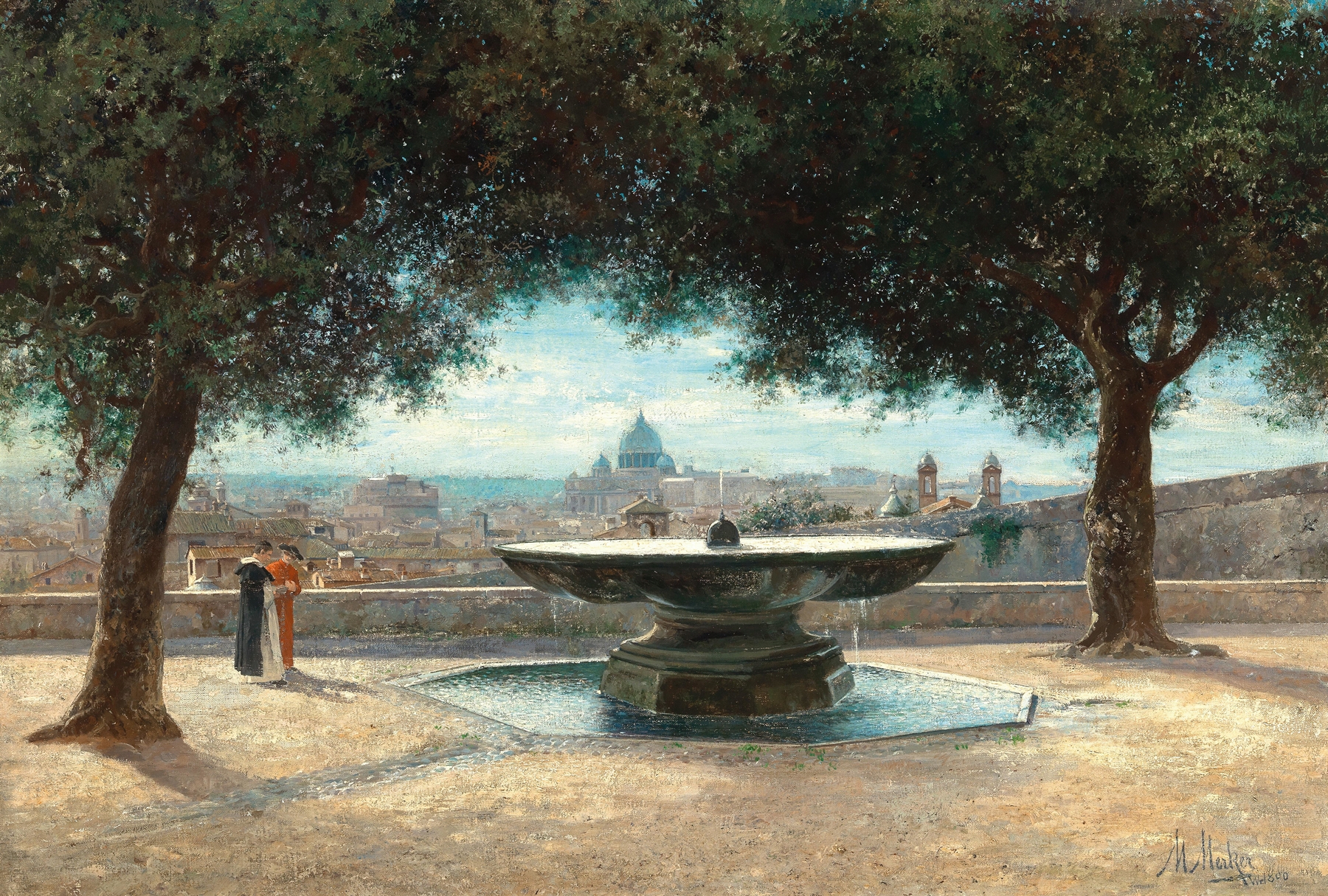 Impressionist landscape by Max Merker depicting a cityscape with a fountain and vibrant colors.