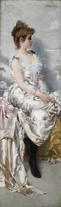 A portrait of a young woman in a white dress adorned with flowers.