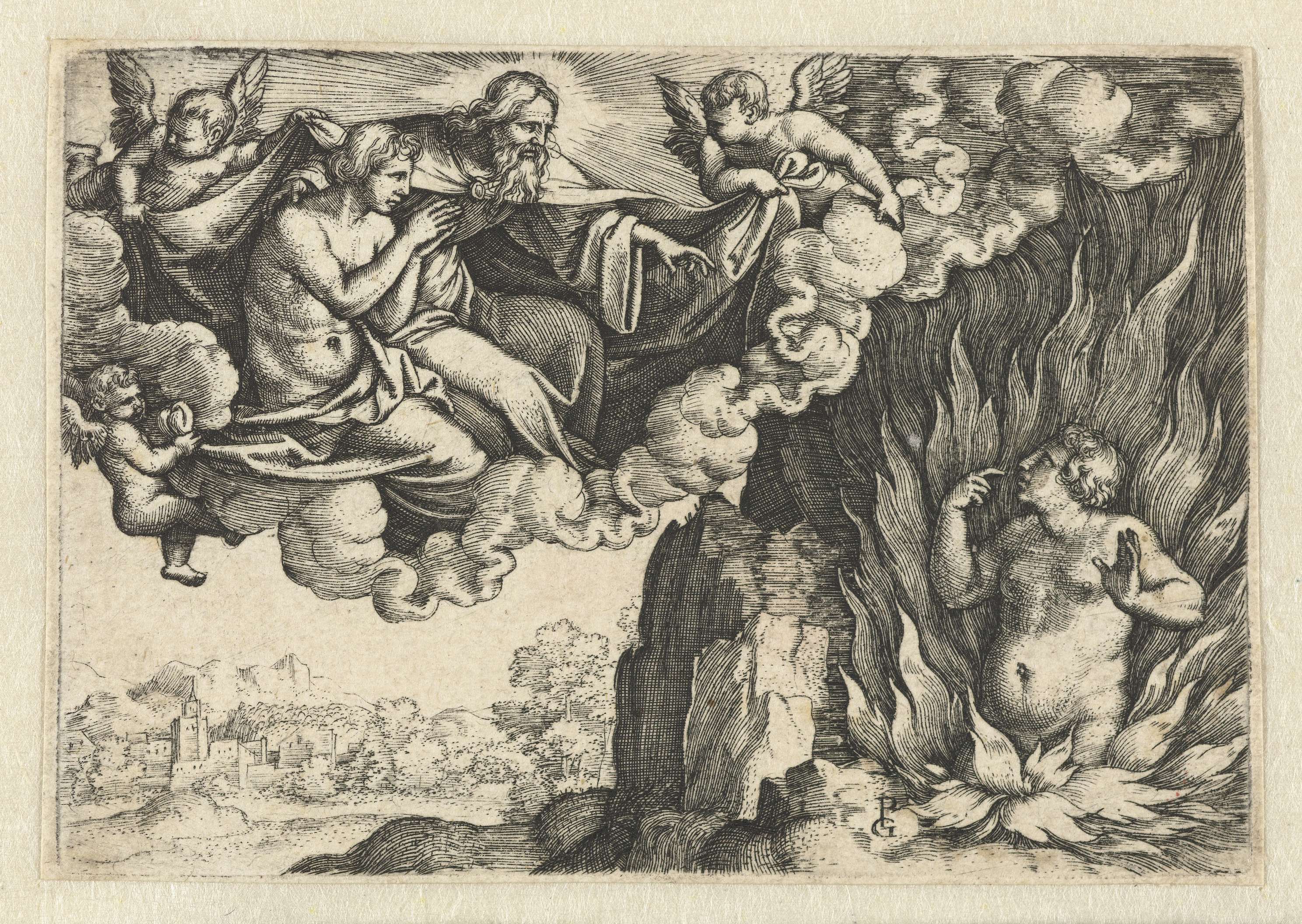 Engraving by Georg Pencz depicting a rich man and Lazarus in heaven and hell.