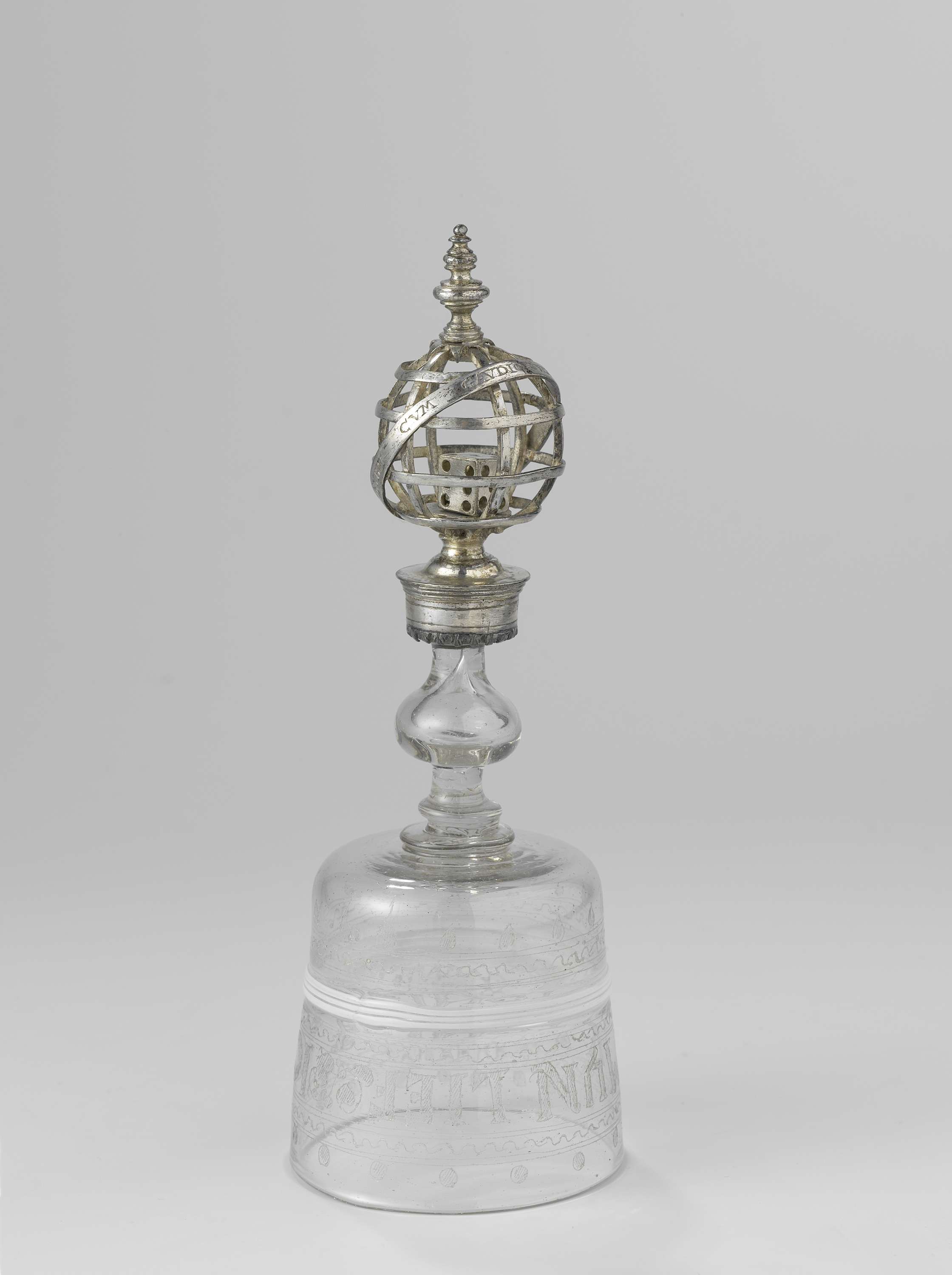 Dice glass made of glass with a silver sphere and engraving, unknown artist
